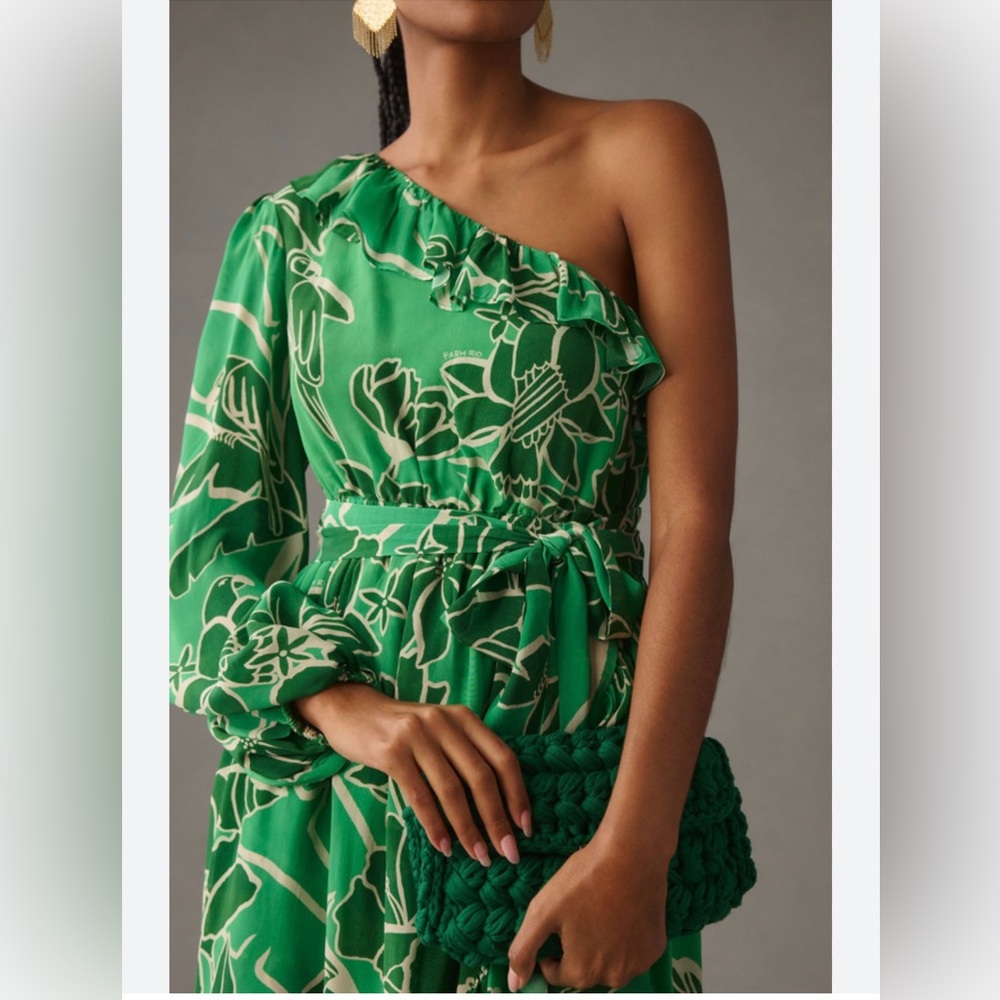 NWOT Farm Río Anthropologie Printed One-Shoulder Ruffle Dress - Women’s Size LG - Picture 2 of 8